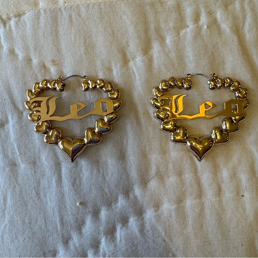 Gold Heart Hoop Earrings with Leo Design